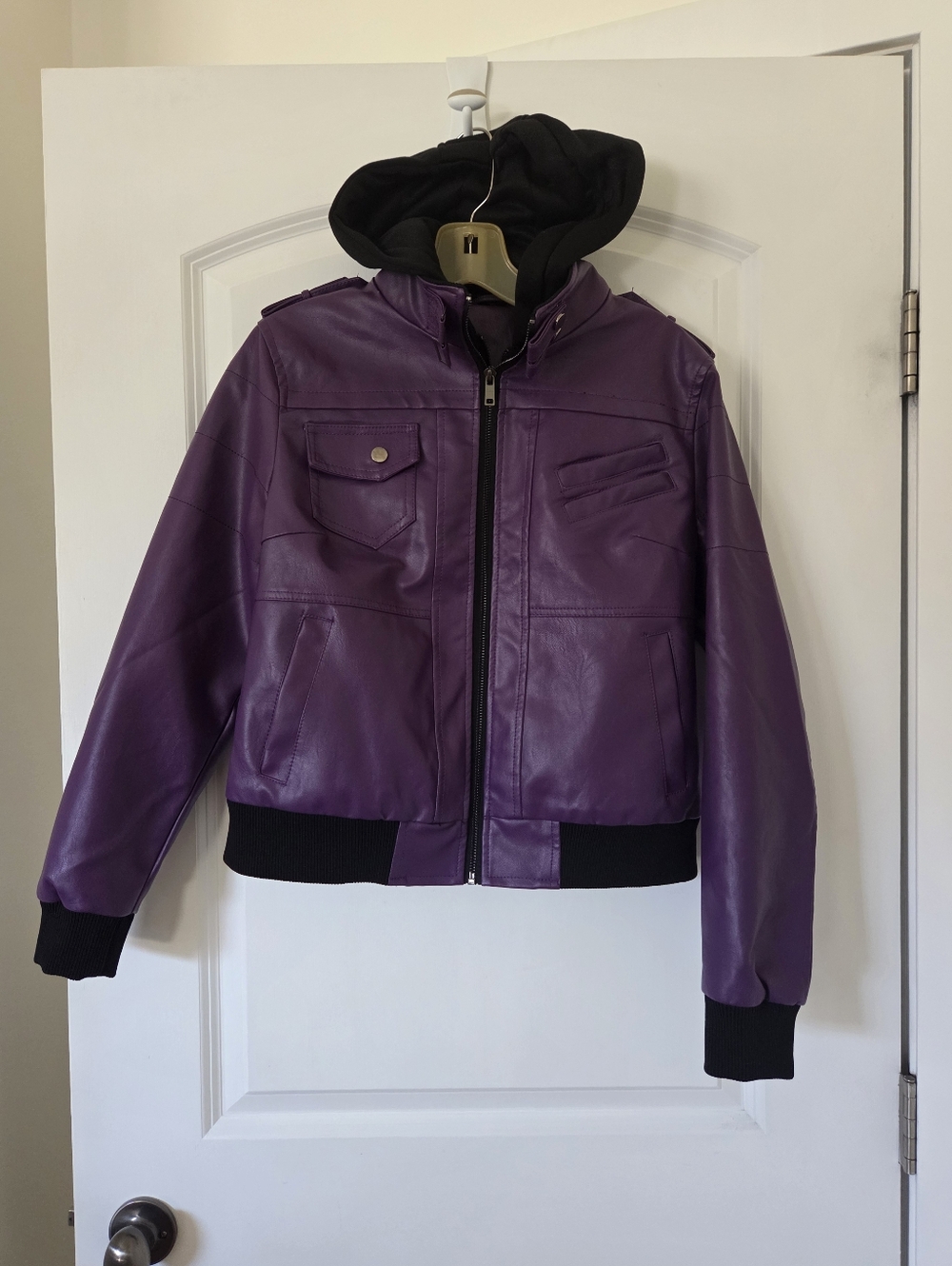 Sz S Purple Faux Leather Bomber Jacket with Hood